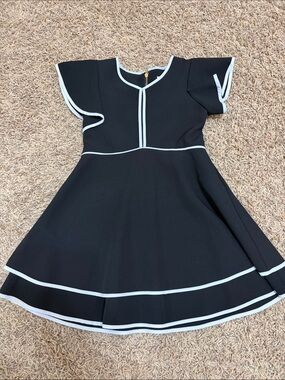 GB girls Black Dress with White Trim - Flutter Sleeve Fit-and-Flare